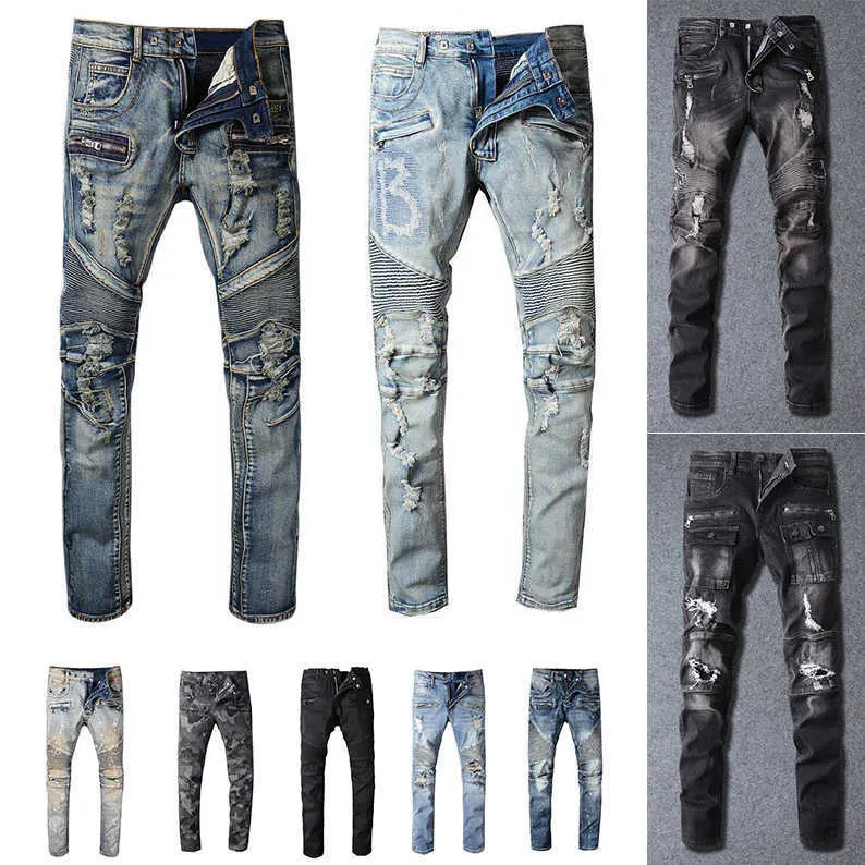 Herren-Designer-Jeans im Used-Look, zerrissen, Biker-Slim-Fit, Motorrad-Biker-Denim für Herrenmode, schwarze Hosen für Herren, 244 g