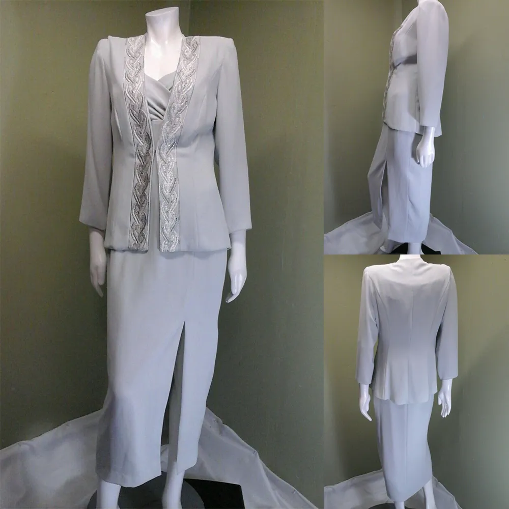 2021 deux pièces mère de la mariée robes avec veste argent gris dentelle mariage invité robe cheville longueur robes formelles