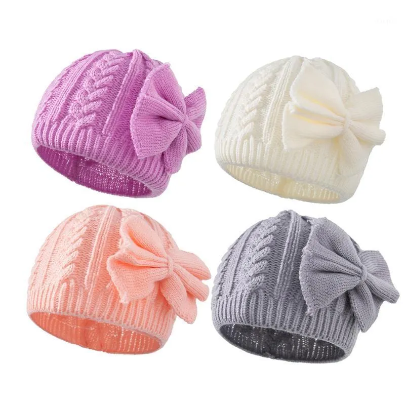 Caps & Hats Baby Autumn And Winter Warm Knitted Hat Born Solid Color Bowknot Acrylic 0-3 Years Accessories