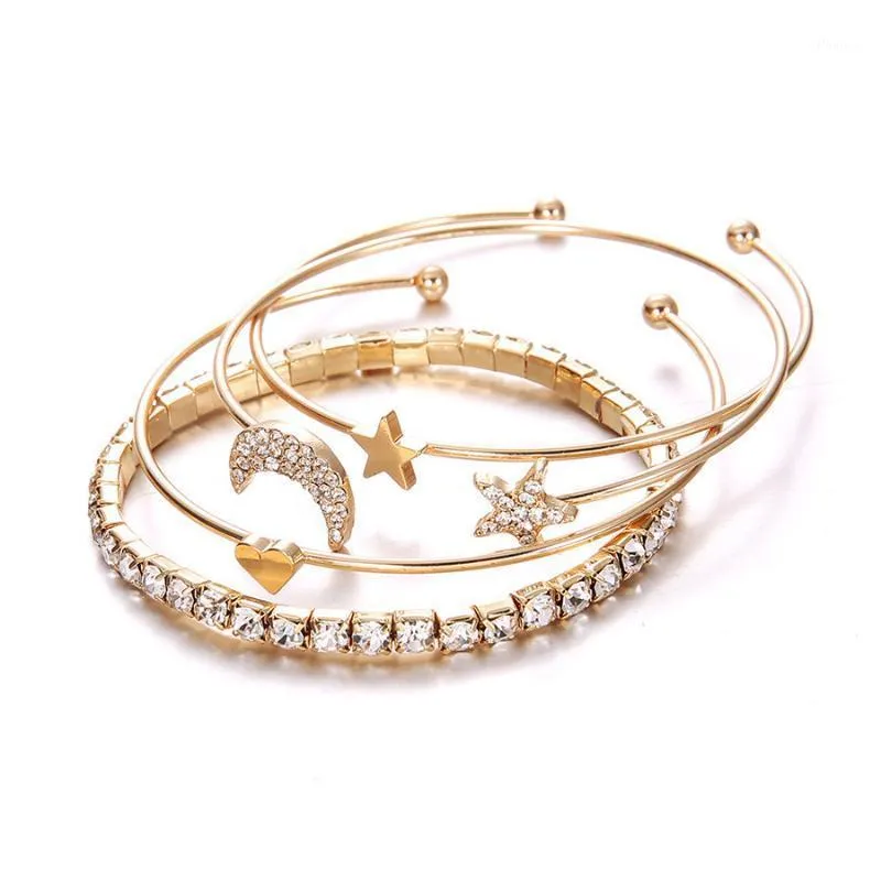 Hjärtformad geometrisk kristallstjärna månarmband för kvinnor mode legering guld färg armbanden smycken fest gåvor 4 st/set armband