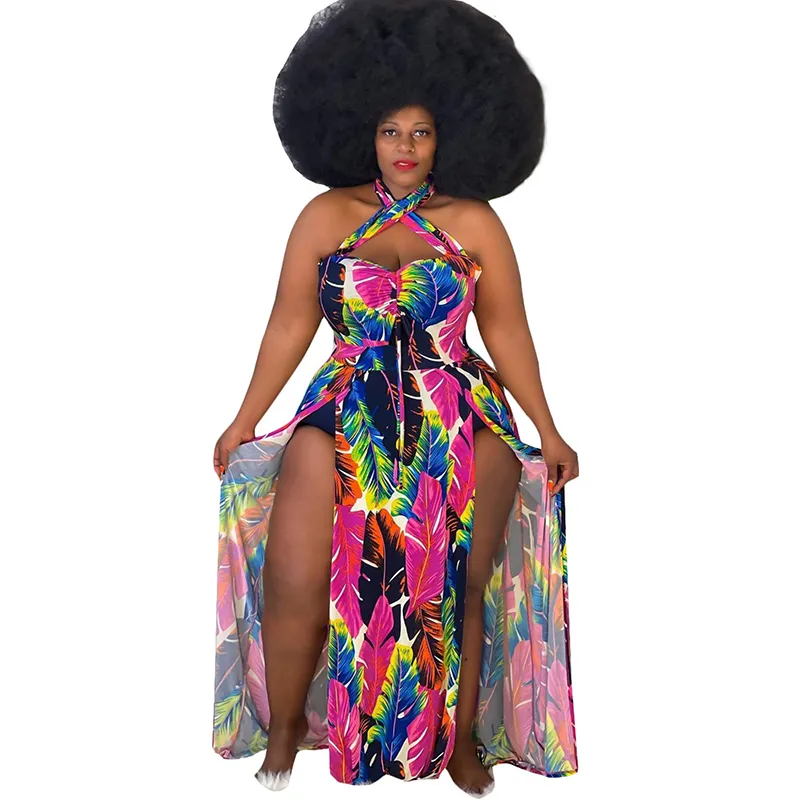 Plus Size Summer Print Halter Neck Maxi Dress With Tropical Split