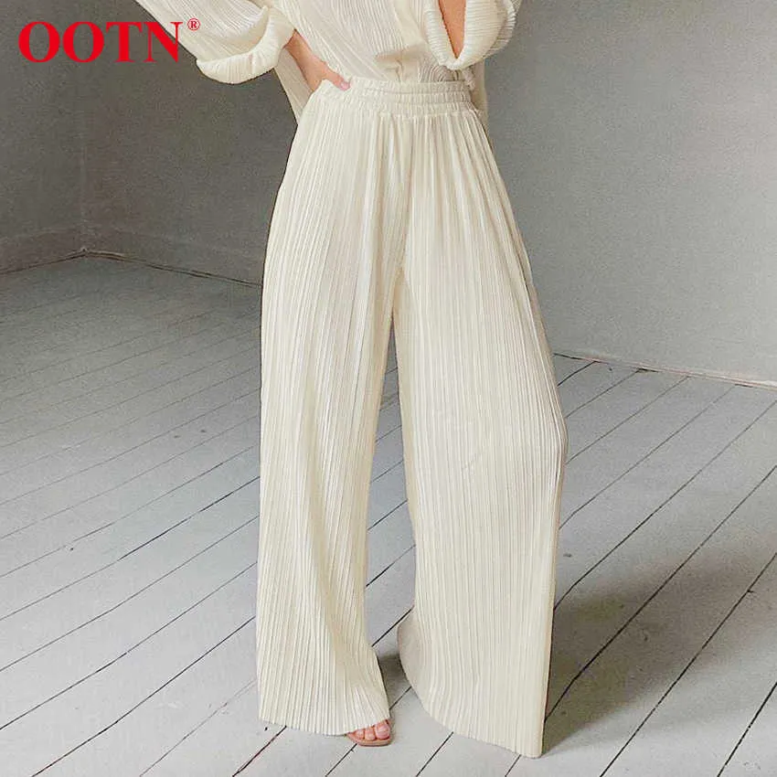 OOTN Khaki Pleated Wide Leg Pants Women Trousers Elegant Casual Palazzo Pants Elastic High Waist Ruched Oversized Pants Ladies 210706