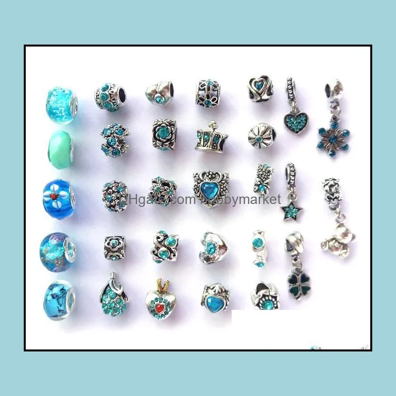 Mix style and color rhinestone antique silver plated big hole alloy beads charms fit European bracelet DIY