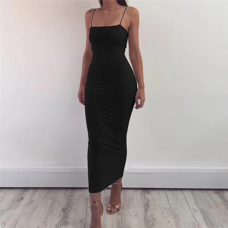 Women Sleeveless Dress Women Spaghetti Strap Tight Fit Solid Black  Fashionable Sexy Causal Short Dress