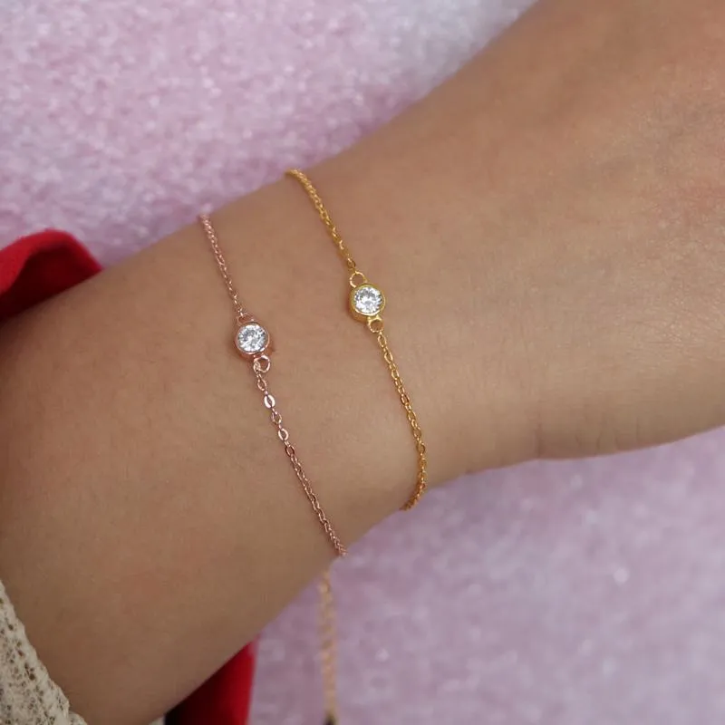Simple Charm Bracelets Delicate Sterling Silver Bracelet for Women with Single Stone Cubic Zirconia Bezel 4mm
