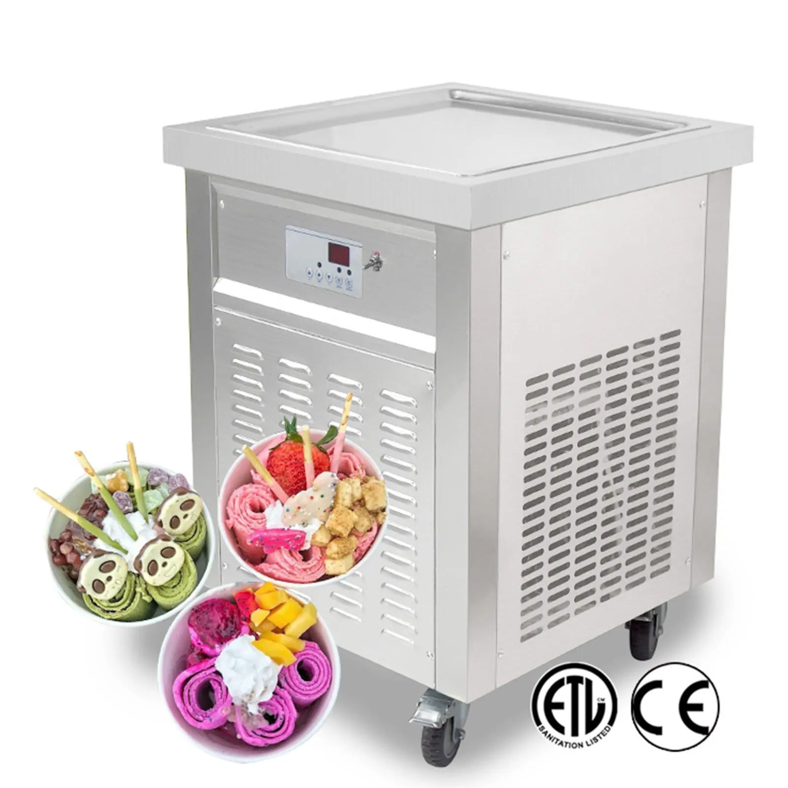 Gratis leveranskökutrustning ETL CE Thai Single Square 52x52cm Pan Instant Roll Ice Cream Machine med full kylmedium