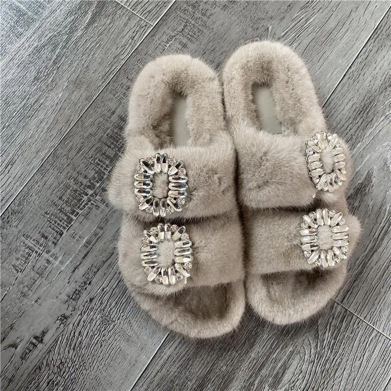 Slippers Summer Women'S 100% Real Quality Mink Double Breasted Diamond Trim Anti Skid And Wear Resistant Sole