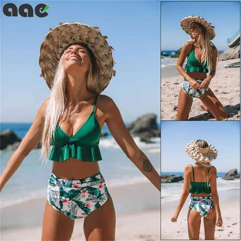 Sexy Floral Ruffled Hem Bikini Set Mujeres Flora V-cuello de talle alto Traje de baño de dos piezas Chica Playa Traje de baño Traje de baño Biquinis 210621