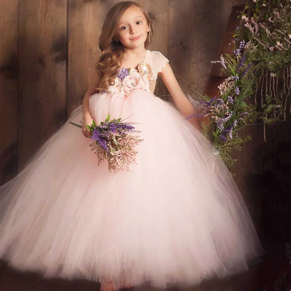 Бежевый, сиреневый, краснежный розовый цветок девушка TUTU платье одно плечо кружева принцесса мясное платье платье для девочек дети вечеринки свадебные платья Q0716