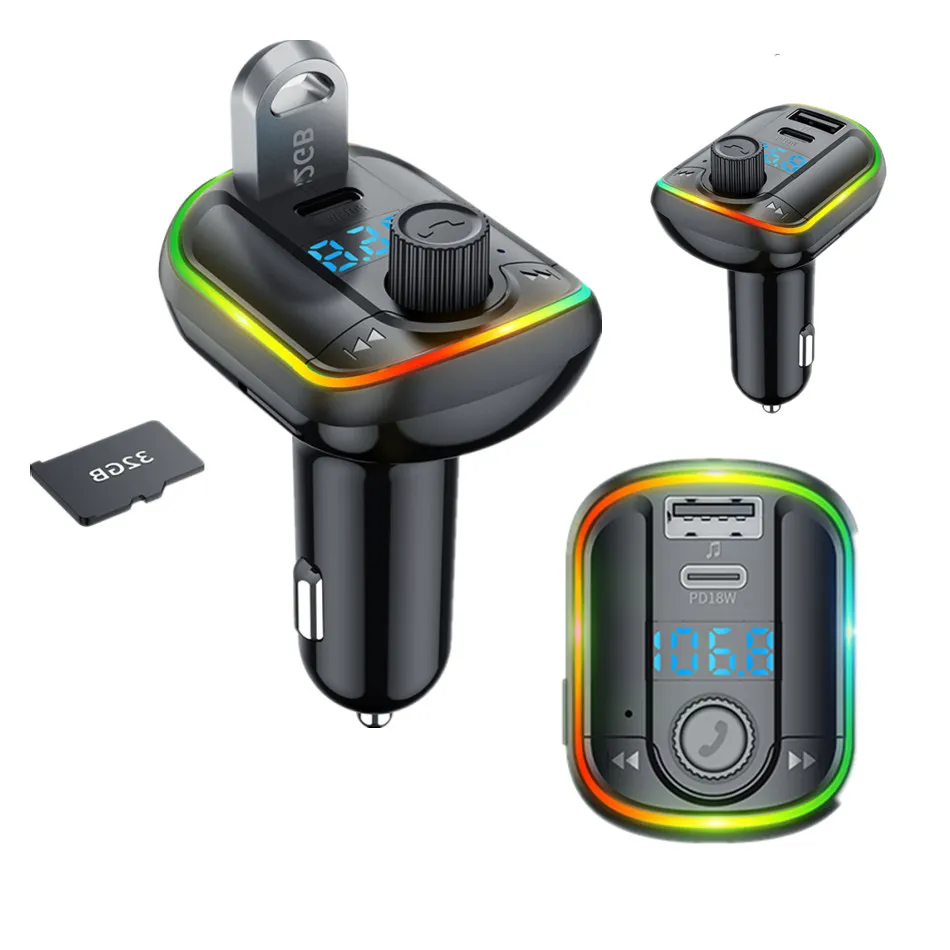 Coloré Lumière Type C Voiture MP3 PD 18W Chargeur Rapide Bluetooth 5.0 Transmetteur FM Récepteur Audio Mains Libres Sans Fil Avec Prise En Charge USB TF / U Disque Musique Lecture