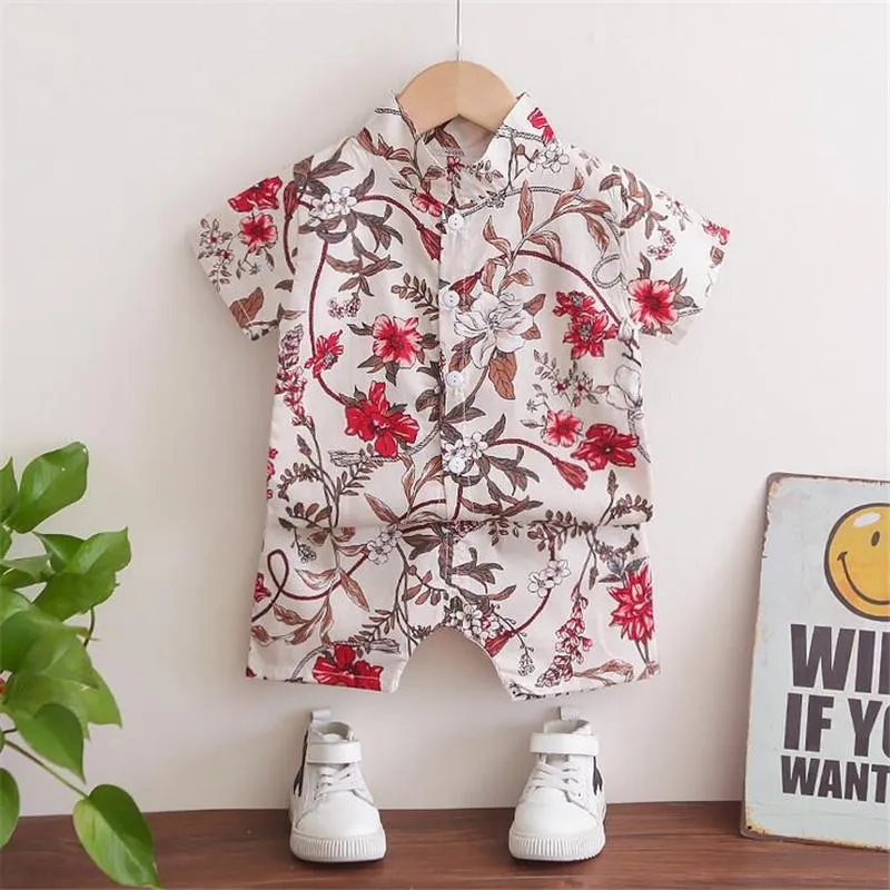 Kinderen Jongen Boho Twee Stuk Set Kinderen Zomer Revers Korte Mouw Gedrukt knoop Shirt Elastische Tailleband Shorts voor Baby Boys Clothing Sets