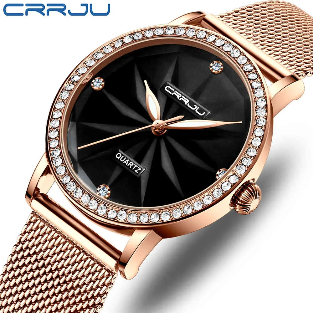 Kvinnor Klockor Crrju Kvinnor Fashion Watch Ladies Bling Flower Watch Luxury Brand Diamond Quartz Gold Vattentät Armbandsur 210517