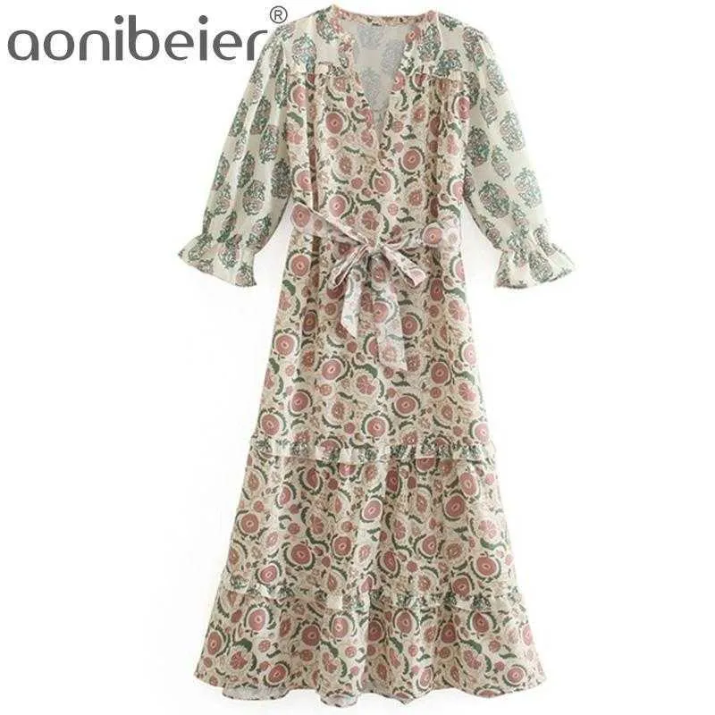 Vintage Print Frauen Casual Midi Kleid Sommer Mode V-ausschnitt Puff Hülse Salat Trim Hohe Taille Tiered Weibliche 210604