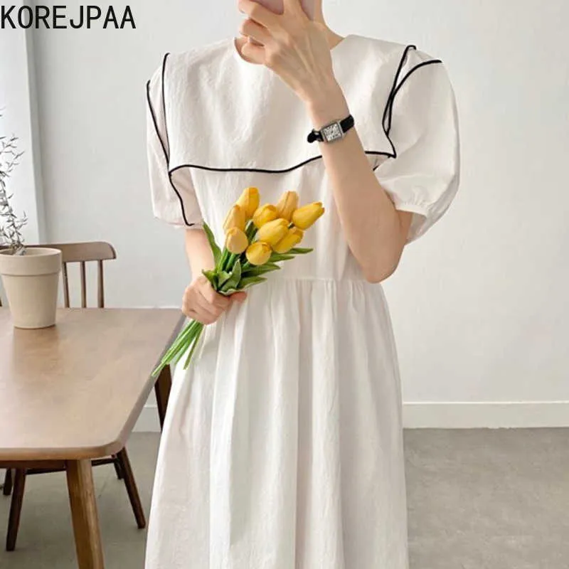 Korejpaa Kobiety Sukienka Koreański Moda Chic Elegancka Bump Bag Boczna Duża Lapel Loose Bubble Sleeve Sukienka Długa Vestido 210526