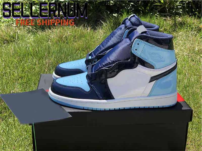 Auténtico 1 alto OG WMNS UNC Patente Zapatos al aire libre Mujeres Obsidian Blue Chill Sneakers White Cuero Deportes con Original 36-47