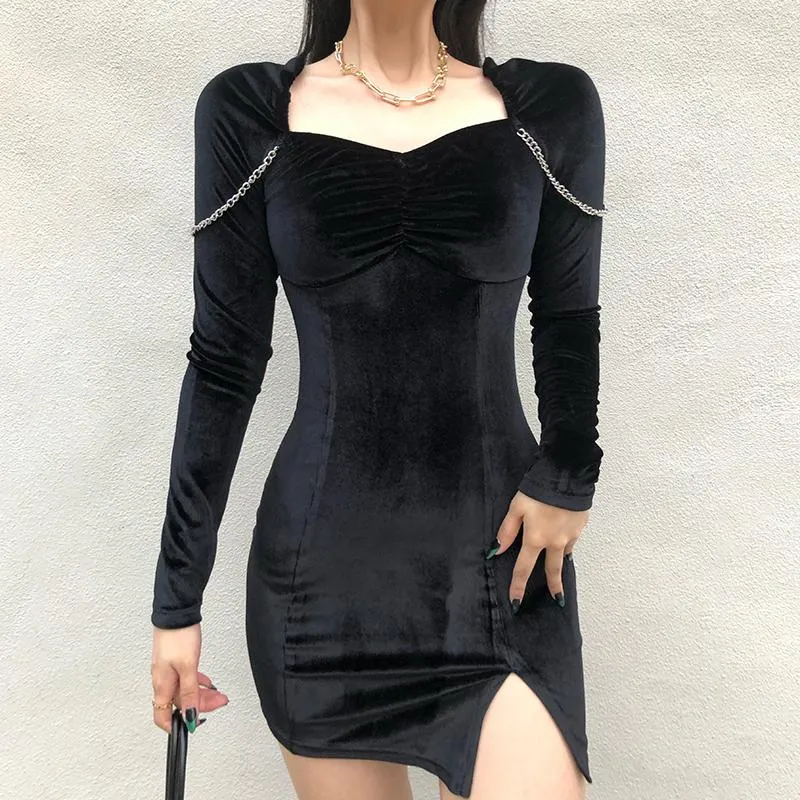 Casual Dresses Velvet Black Formal Short Wrap Dress Autumn Split Elegant Party With Chain Winter Long-Sleeve Fad Square Collar Female