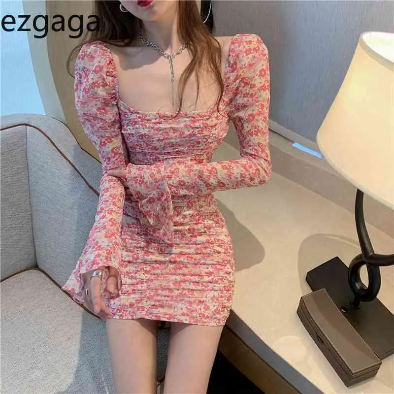 Ezgaga Koreanische Chic Floral Gedruckt Sexy Kleid Frauen Vintage Fashion Square Kragen Hohe Taille Langarm Elegante Kleid Vestidos 210430