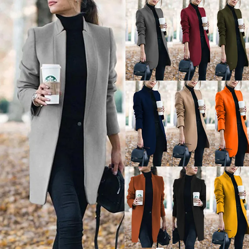 Casacos femininos de mistura de lã básico sólido manga longa lapela de comprimento médio casaco de mistura de lã Pea Coat Fino Sobretudo Outwear