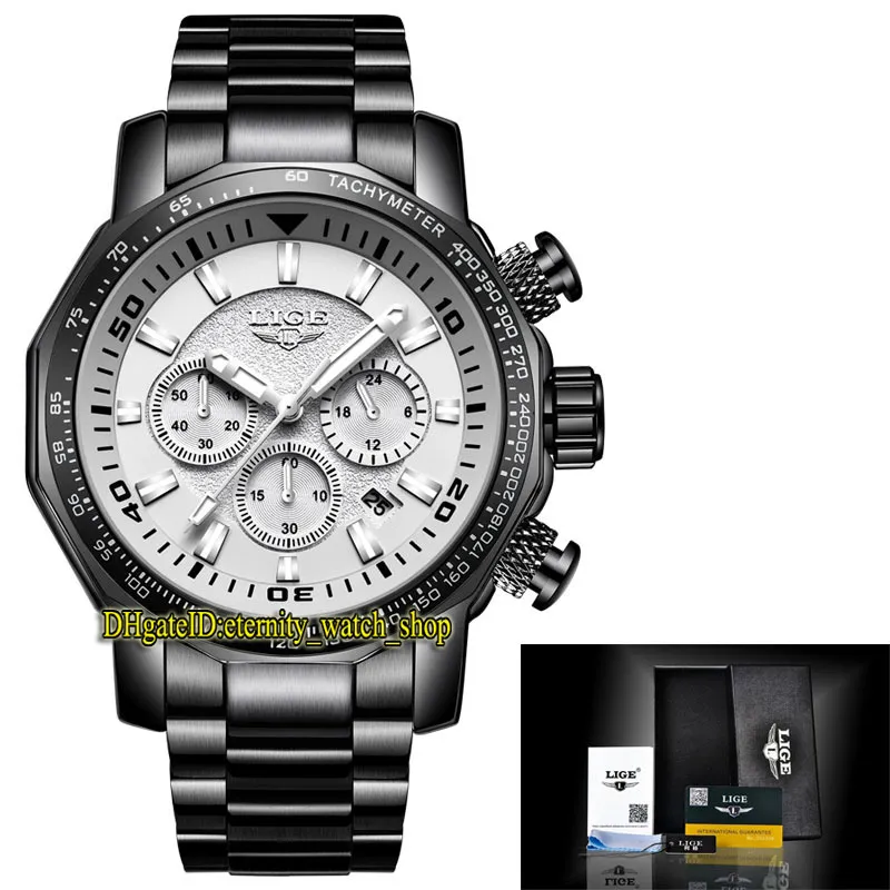 LIGE eternity LG9871 Sport Relojes para hombre Fecha Esfera blanca Puntero plateado Japón VK Movimiento cronógrafo de cuarzo Reloj para hombre Caja de acero negro Correa de acero inoxidable