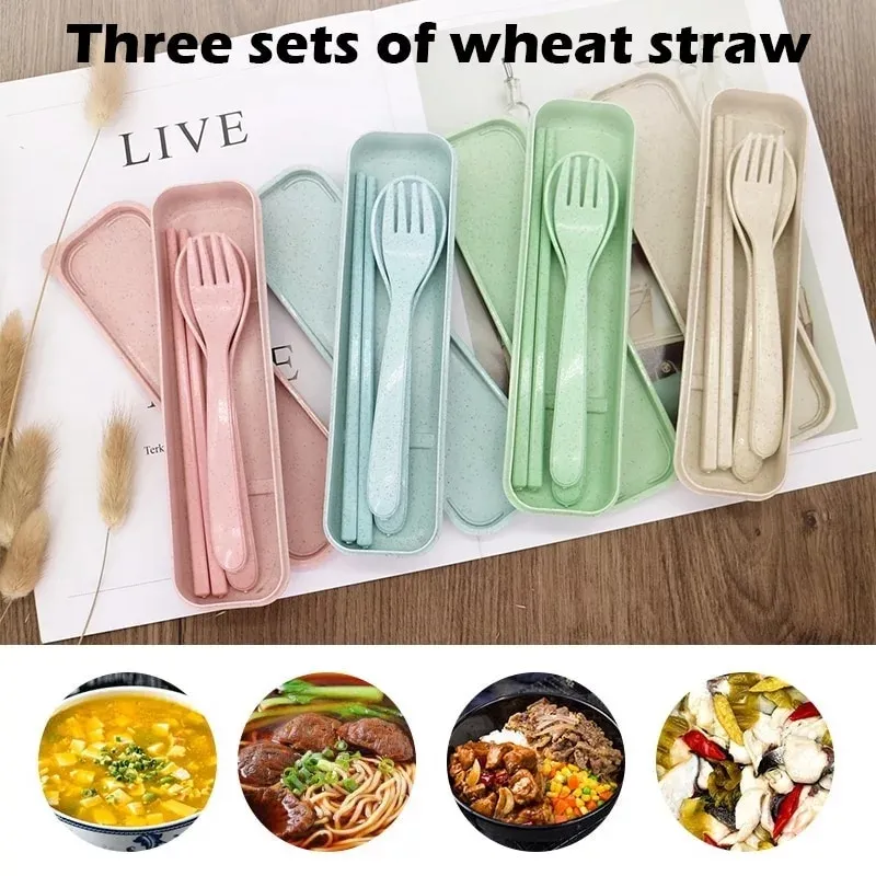 Vete halm plast porslin sked gaffel chopsticks set portable travel bestick box middagsredskap för barn wll480