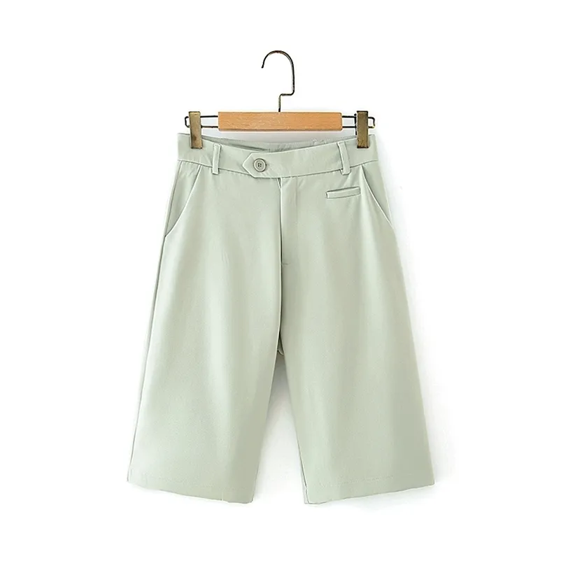 Femmes élégantes Shorts verts Mode d'été Dames Polyester et coton Femme Casual Girls Mid 210527