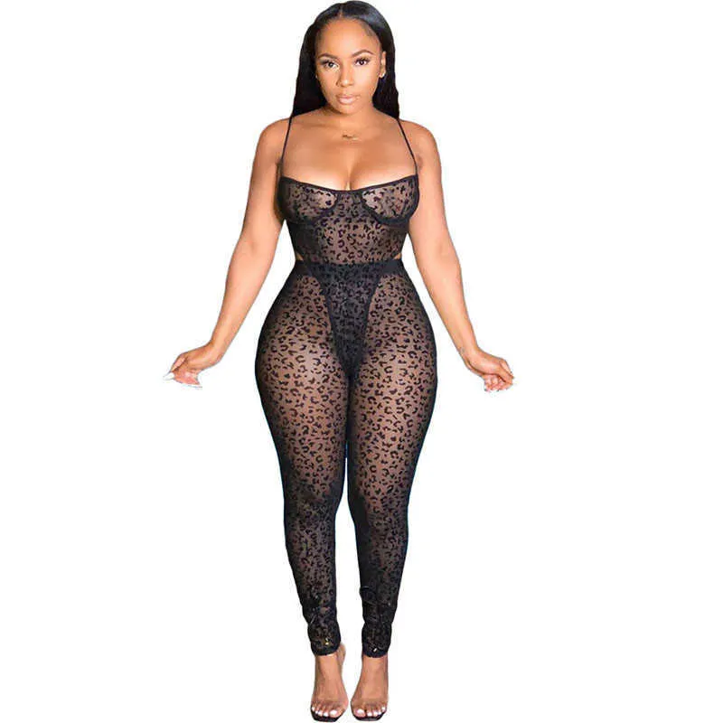 Seksi Örgü See-throom Leopar İki Parçalı Set Kadın Rave Festivali Giyim Bodysuit Top Pantolon Tayt 2 Parça Kulübü Kıyafetler Romper Y0625