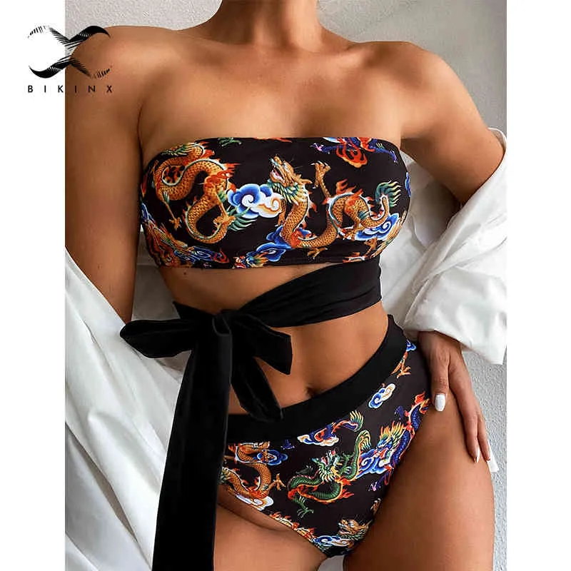 Bikinis taille haute 2020 femme Sexy dragon imprimé maillot de bain femme Bandeau maillots de bain femmes Straplswim costume maillot de bain baigneurs X0522