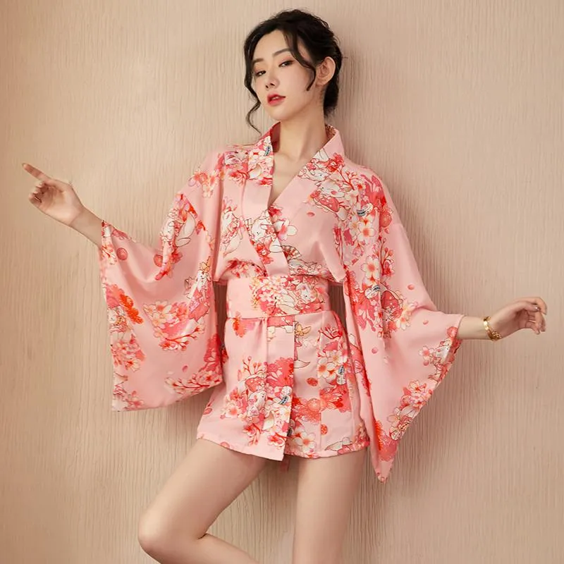 エスニック服女性着物日本の桜の花柄シフォンウエストピンク緩い快適な女の子バスローブホームパジャマカワイイスーツスカート