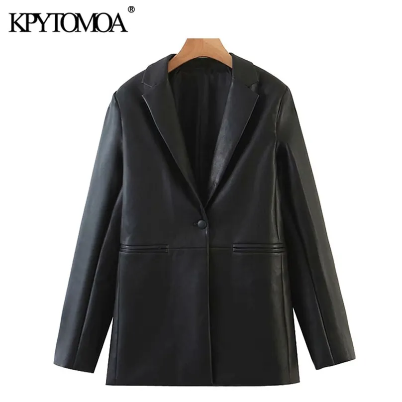 KPYTOMOA Frauen Mode Faux Leder Single Button Blazer Mantel Vintage Langarm Taschen Weibliche Oberbekleidung Chic Tops 211006