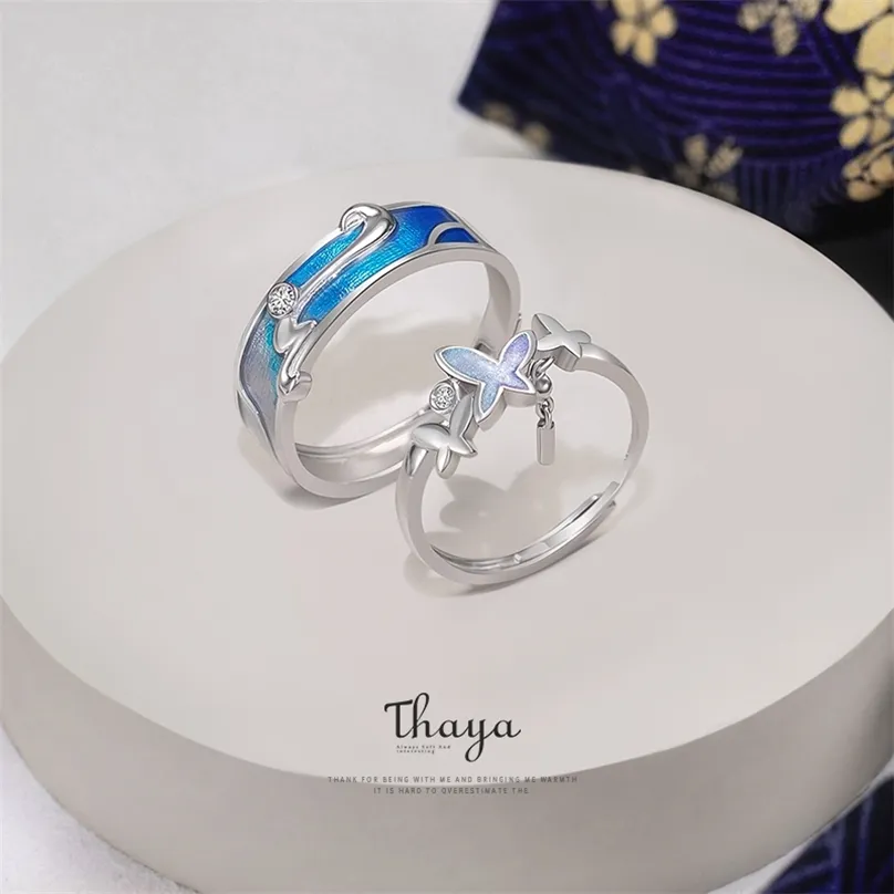 Thaya Anello in argento 925 Anelli aperti con olio a goccia blu Anelli aperti Misura libera Dito regolabile per gioielli moda donna 211217