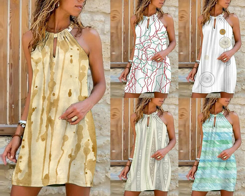 Vestidos casuales Mujer Vestido con estampado digital Verano Sin mangas Halter 2021 Llegada Patrón geométrico Blanco Estilo europeo americano