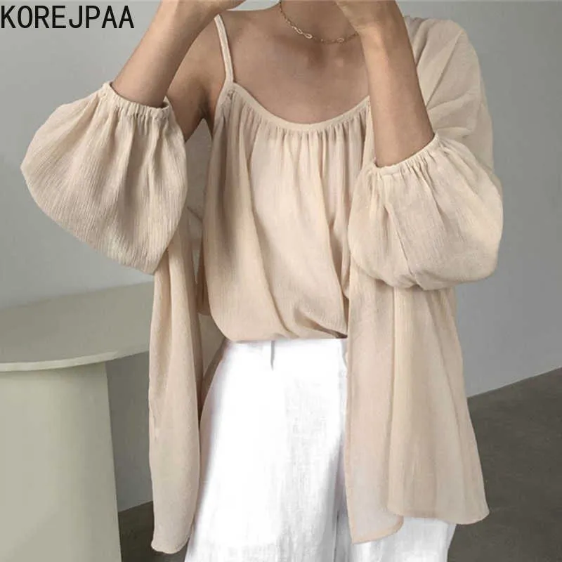 Korejpaa Women Sets Summer Korean Chic Ladies Gentle Loose Bottoming Camisole Temperament Sunscreen Chiffon Shawl Coats 210526
