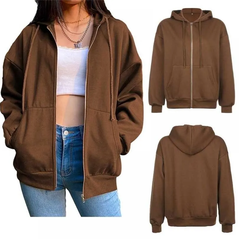 Brown Zip Up Hoodie Vintage Sweatshirt Overdimensionerad jacka Coat Y2K Eesthetic Pockets Långärm Huven Toppar Vinterkläder 211220