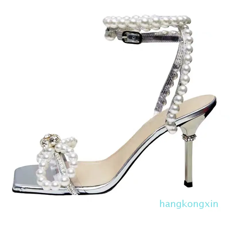 Kvinnor Högklackat Sandaler Elegant Klar Rhinestone Bow Sandals Stiletto Heel Ladies Pearls Party Bröllopsskor