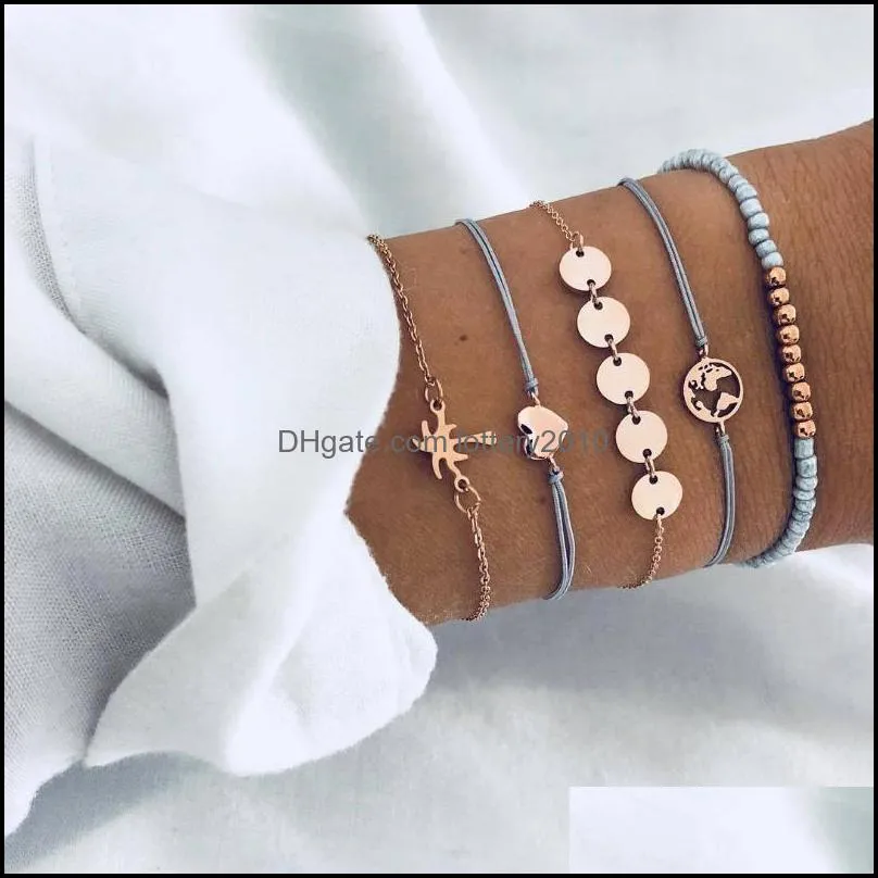 Link, Chain Bohemian Charm Bracelets Leaves Letter Map Geometric Pentagram Shell Love Multi-layer Hand Female Summer 2021