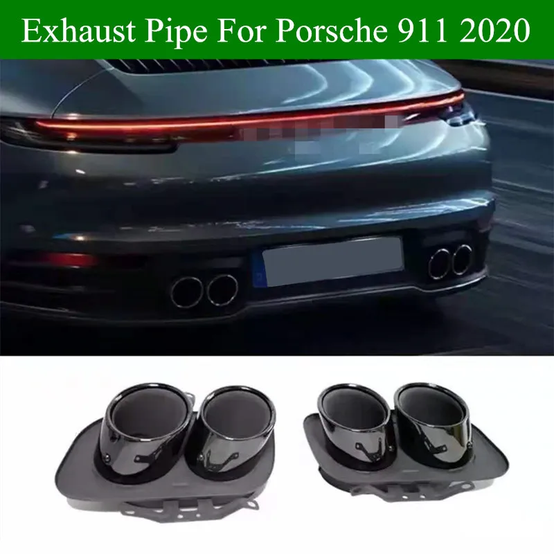 Paar Zilver Rvs Auto Achter Uitlaten Pijp Voor Porsche Carrera 911 (992) Dubbele Uitlaatdemper Tips