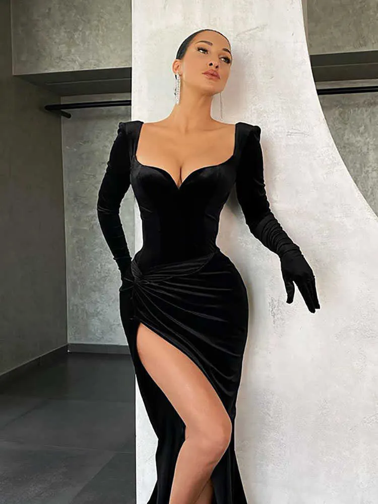 Black Velvet Split V Neck Midi Dress With Dresses With Gloves For Women Perfect For Club Parties And Autumn Fashion Q0712 From Yanqin03 13.45 In Bulk DHgate.Com