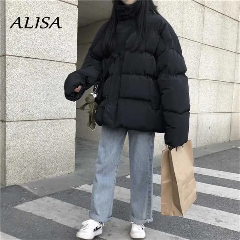 Oversized Puffer Jacket Kvinna Hooded Loose Koreansk Bubbla Coat Vinter Varm Tjock Kort Parkas Mujer Kvinnor Snö Slitage Outwear 211221