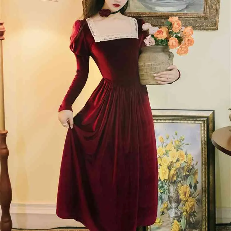 Elegante abito in velluto con colletto quadrato bordeaux Donna a vita alta a maniche lunghe Abiti da festa di compleanno da sera vintage Abiti femminili 210603