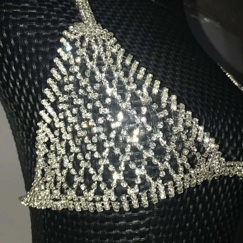 Silver Crystals Chains Bikini Bra Underwear Birthday Dance Party Sexy Wear Two Piece Set Female Singer Bling Costume Stage266h