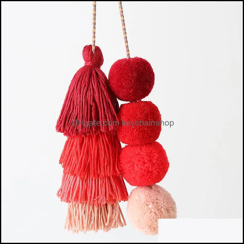 1 Pc Handmade Pom Pom Colorful 4 Layered Tassel Keychain Bag charms Gradient Colors Key Holder Boho Jewelry Gift for women