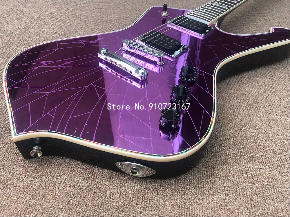 紫色の骨折ミラーエレクトリックギタークラックミラーピックガード、アワビのボディバインディング、クロムハードウェア