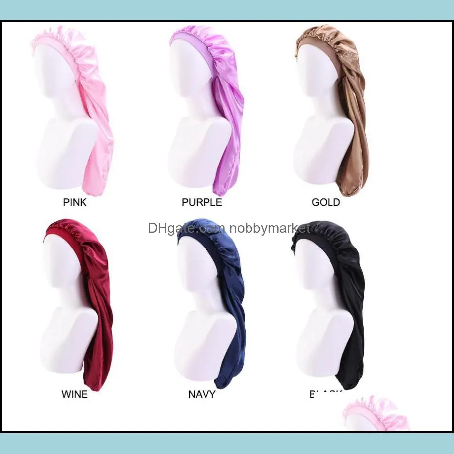 65CM Extra Long imitate Satin Bonnet Sleep Cap Long Bonnet for Braids Hot Women Pure color printed Silky Hair Loose Cap Wholesale C340