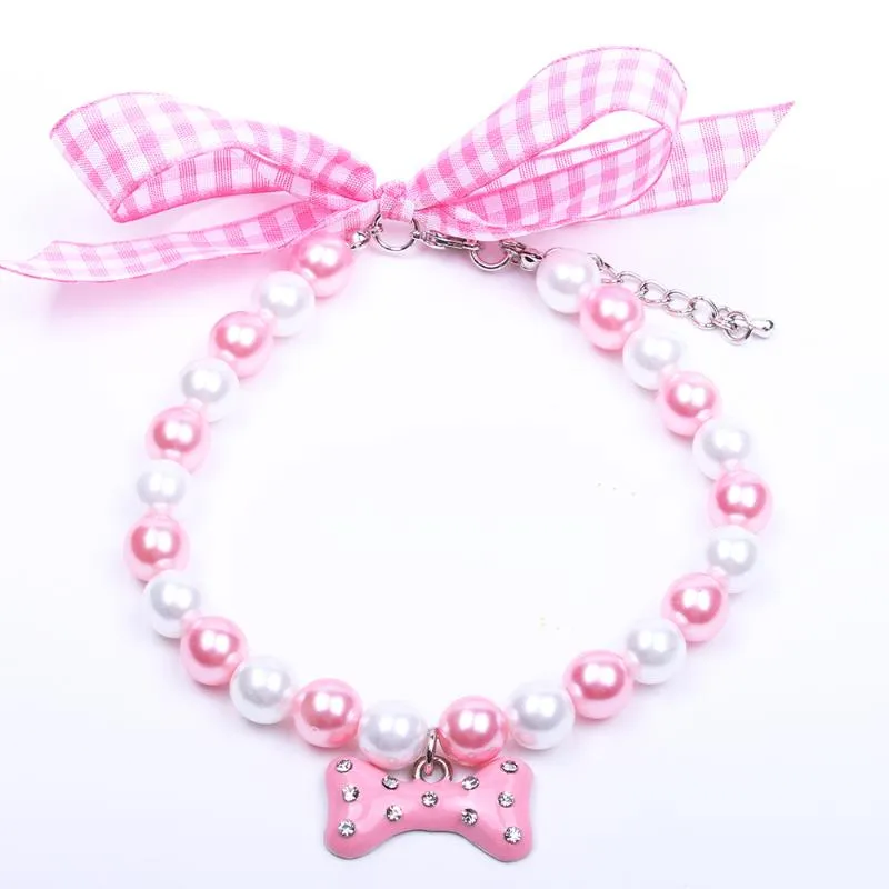 Dog Collars & Leashes Cat Pearls Necklace Collar Lovely Bone Charm Pendant Pet Puppy Jewelry Accessoried 5 Sizes Colours