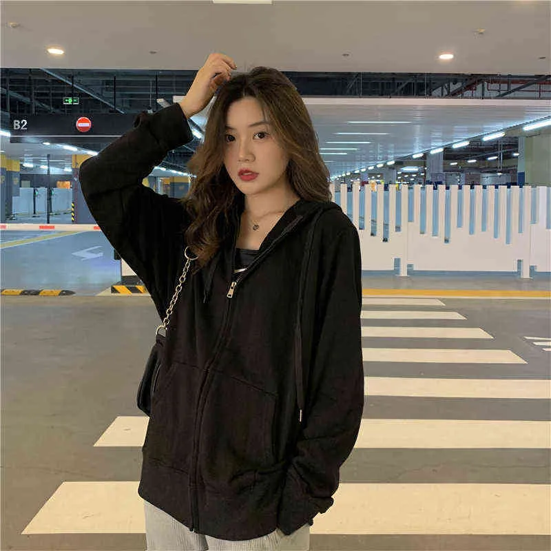 Zip Up Women Koreański Styl Bluzy Dla Dziewczyn Top Vintage Solidna Z Długim Rękawem Oversized Z Kapturem Bluza Kurtka Dorywczo Duże Płaszcze 211108