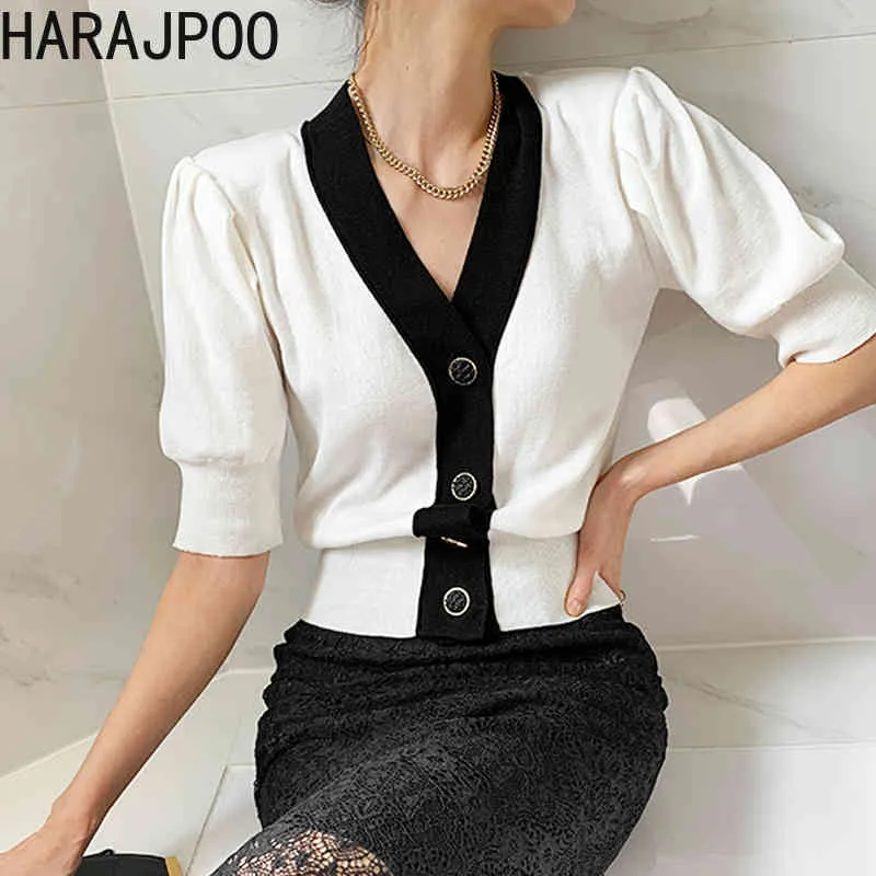 Frauen Pullover Sommer Koreanische Chic Stil Kontrast Farbe Kanten V-ausschnitt Einreiher Abnehmen Puff Sleeve Cardigans 210514