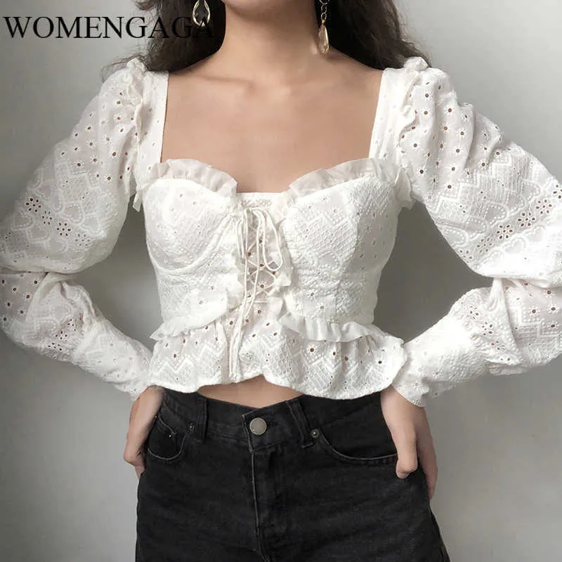 Women Eyelet Geborduurde Lace Up Front Blouse met Long Puff Sleeve Vintage Sweetheart Hals Tops C8F2 210603