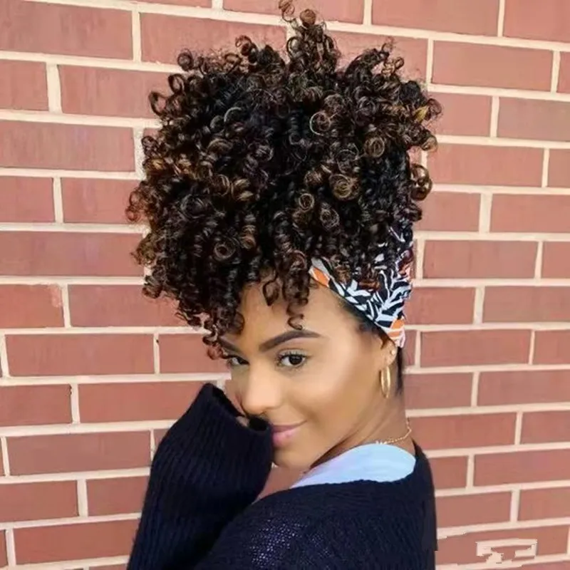Rozszerzenia Produkty Włosów Afro Puff Drawstring Ponytail Dla Czarnych Kobiet, Okładki Krótki Pony Tail Bun Włosy Naturalne, African American Kinky Curly 140g