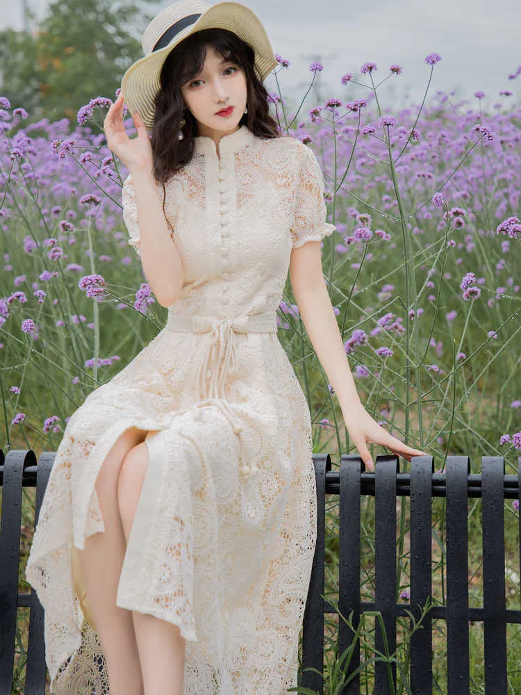 YOSIMI Vintage Khaki Light Purple Lace Dress for Women - Perfect for Summer, Evening Parties, and Elegant Occasions