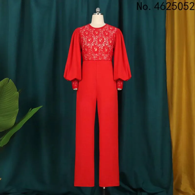 Ethnic Clothing Elegant African Jumpsuit Long Lantern Sleeve Red Lace Patchwork Rompers Plus Size Wedding Party For Women Outfits263L